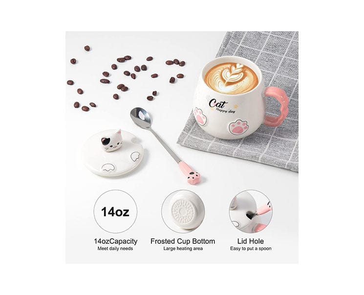Ceramic Cat Mug with Lid and Spoon: White