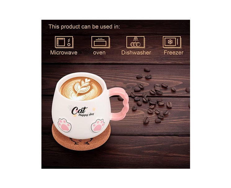 Ceramic Cat Mug with Lid and Spoon: White