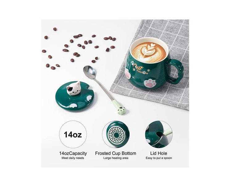 Ceramic Cat Mug with Lid and Spoon: Green