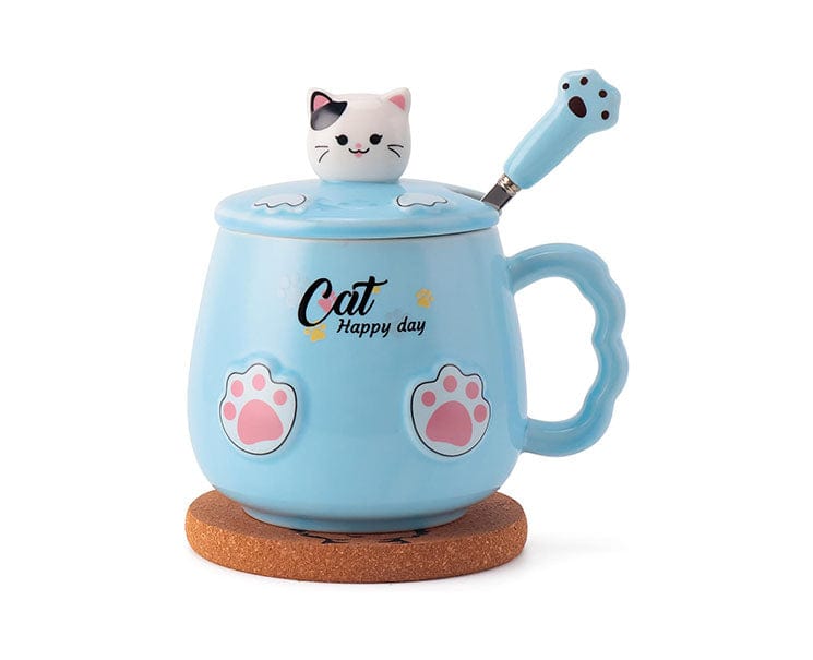 Ceramic Cat Mug with Lid and Spoon: Blue